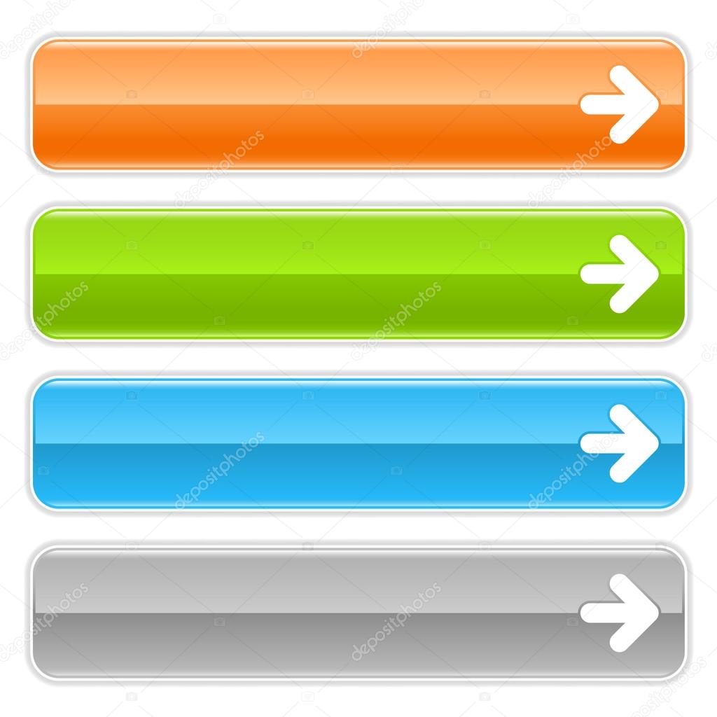Arrow sign web 2.0 navigation panel. Colored glossy internet buttons with shadow on white background
