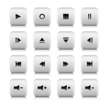 medya web 2.0 kontrol düğmesi. kare şeklin gölge ve yansıma beyaz zemin üzerine beyaz taş yuvarlak