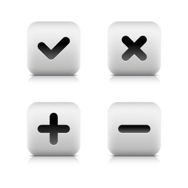 Stone web button calculator icon. Division, minus, plus, multiplication sign. White rounded square shape with black shadow and gray reflection on white background. Vector illustration saved in 8 eps clipart