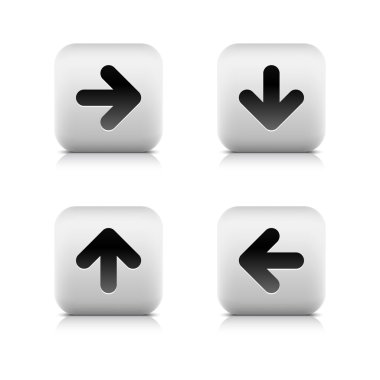 kara ok simgesi web işareti. sağ, aşağı, sol, glif yukarı. dizi taş stili. Gölge ve yansıma beyaz zemin üzerine kare düğme yuvarlanır. vektör resim küçük resim tasarım öğesi 8 EPS
