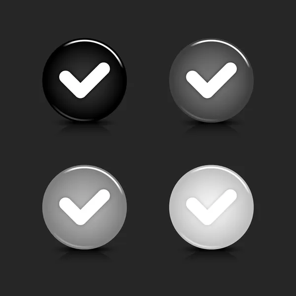 Grayscale glossy round web 2.0 button check mark icon with reflection and shadow on gray. 10 eps — 스톡 벡터