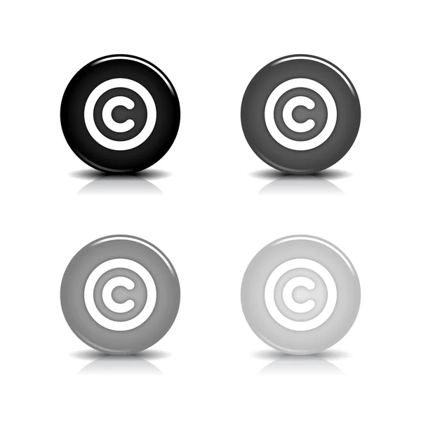 Bouton brillant web 2.0 avec symbole de copyright. Formes rondes noires et grises avec ombre et réflexion sur fond blanc. 10eps — Image vectorielle