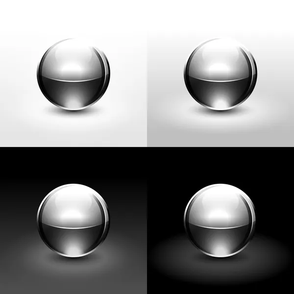 Chrome metal ball with drop black shadow and glowing on white, gray and black background — Stock Vector