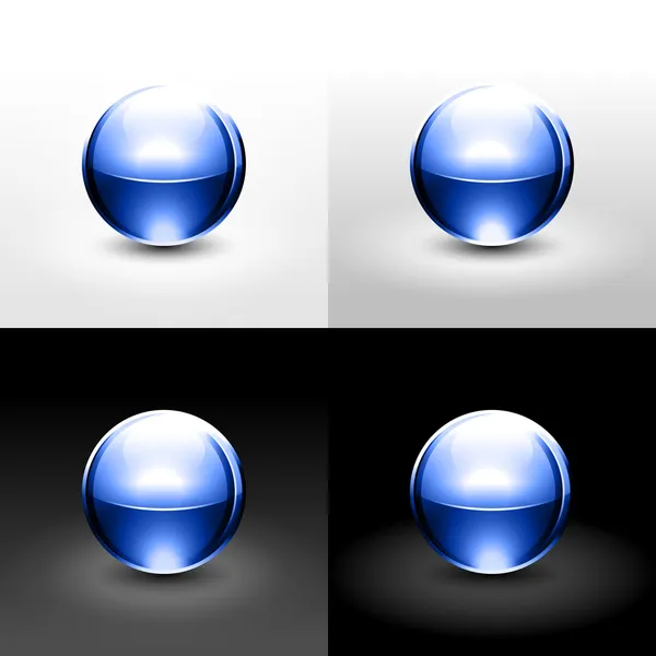 Μπλε, χρώμιο μεταλλικά μπάλα με μαύρη σκίαση και λαμπερό σε λευκά, γκρι και μαύρο φόντο — Διανυσματικό Αρχείο