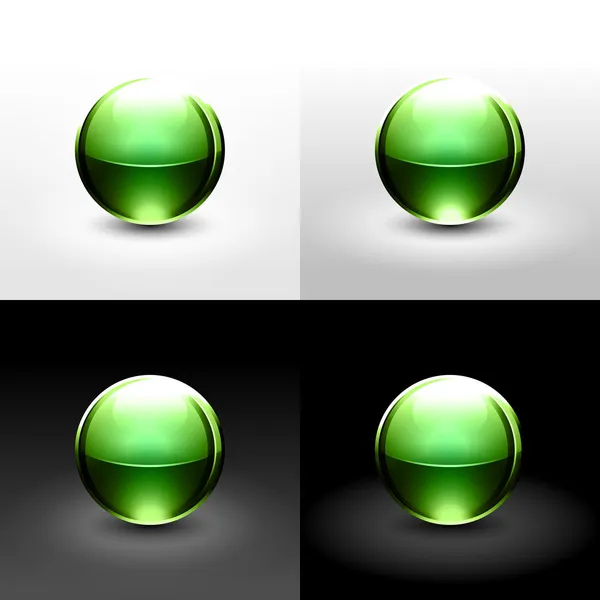 Zelená chrom kovová koule s černý stín a zářící na bílé, šedé a černé pozadí. — Stockový vektor
