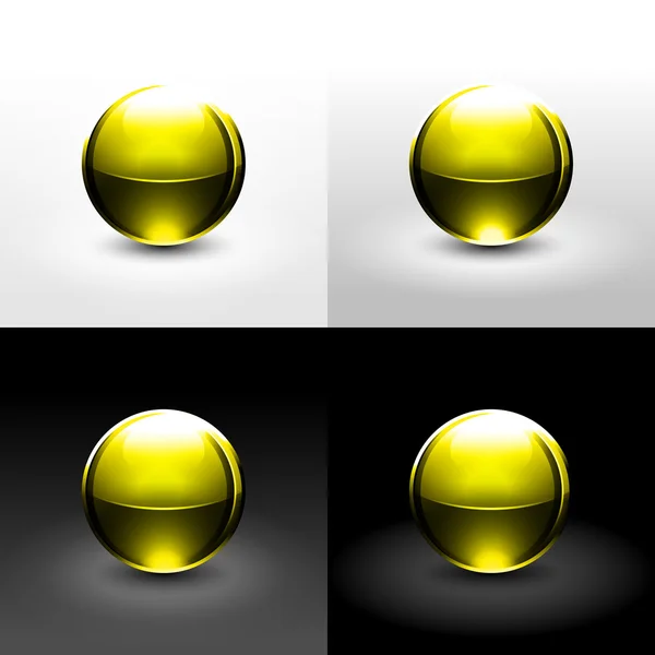 Žlutá chrom kovová koule s černý stín a zářící na bílé, šedé a černé pozadí. — Stockový vektor
