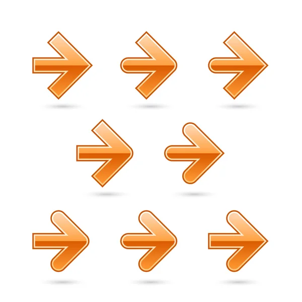9 вариантов оранжевой стрелки паутины 2.0 значки. Блестящие формы с тенью на белом фоне — стоковый вектор
