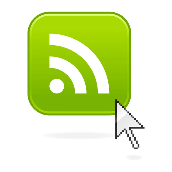 RSS botão da web internet com cursor. forma quadrada arredondada verde com sombra de gota. Fundo branco — Vetor de Stock