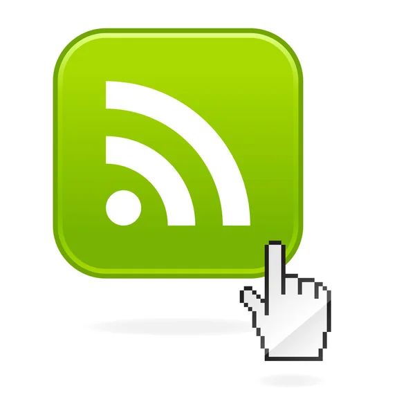 RSS internet web knop met cursor hand. groene afgerond vierkant met schaduw. witte achtergrond — Stockvector