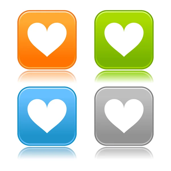 Matted color rounded squares buttons with heart symbol on white background — Stock Vector