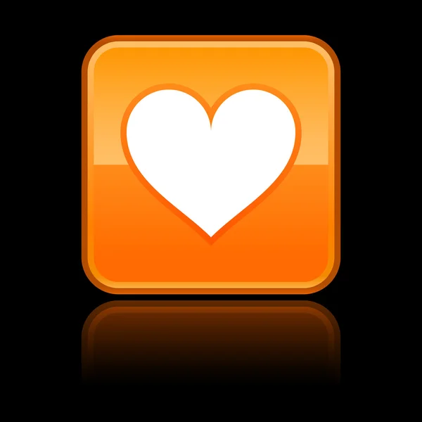 Matted orange squares button with heart and reflection on black — Stock Vector