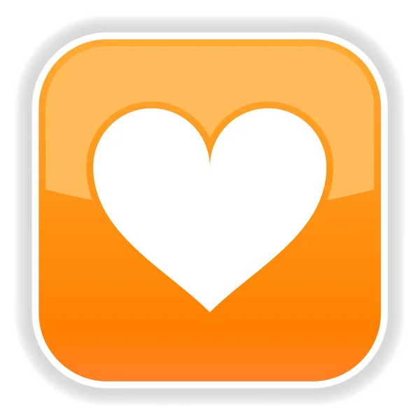 Matted orange squares button with heart and reflection on white — Stock Vector