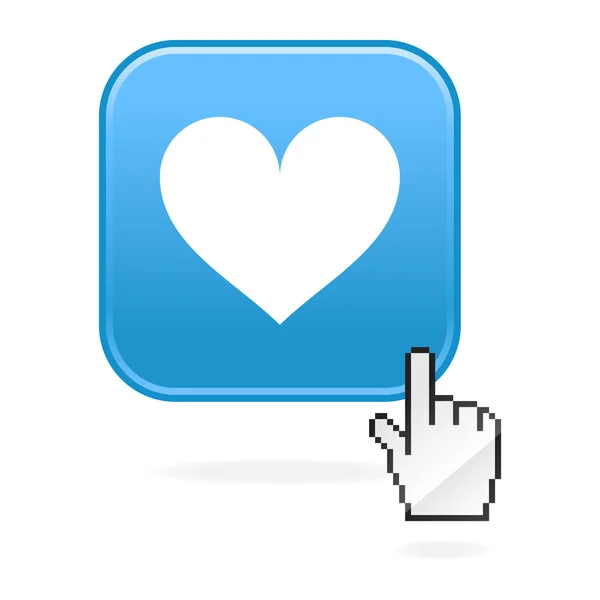 Gematteerde blauwe knoppen met hartsymbool en cursor hand op wit — Stockvector