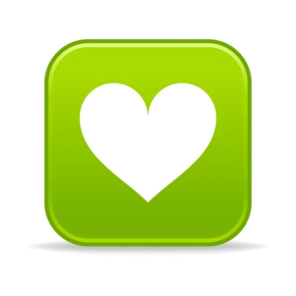 Mattierte grüne runde Quadrate mit Herz-Symbol und grauer Reflexion auf Weiß — Stockvektor