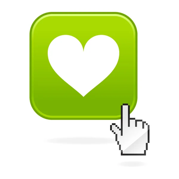 Gematteerde groene knoppen met hartsymbool en cursor hand op wit — Stockvector