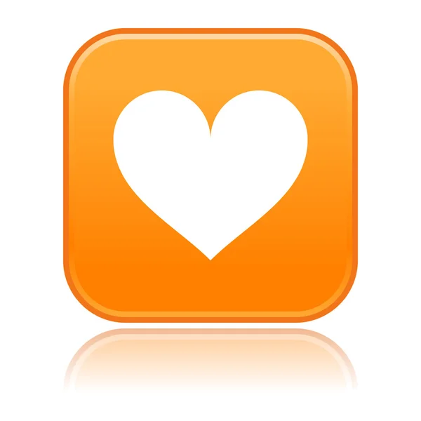 Matted orange squares button with heart and reflection on white — Stock Vector