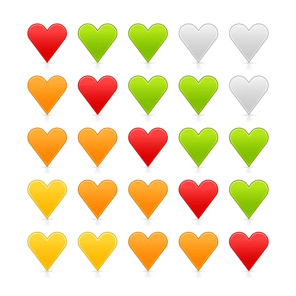 Barevné saténové srdce hodnocení web tlačítko. tvary se stínem a reflexe na bílém pozadí — Stockový vektor