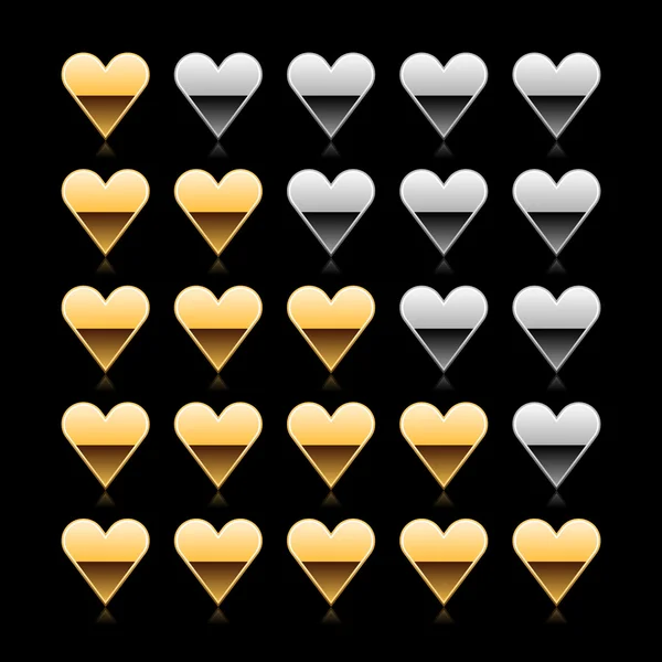 Altın beş kalp derecelendirme web 2.0 butonu ile gölge ve yansıma siyah arka plan üzerine — Stok Vektör
