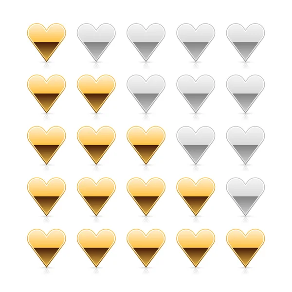 Gold five heart ratings web 2.0 button with shadow and reflection on white background — Stock Vector