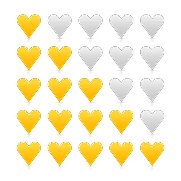 Žluté saténové srdce hodnocení web tlačítko. tvary se stínem a reflexe na bílém pozadí — Stockový vektor