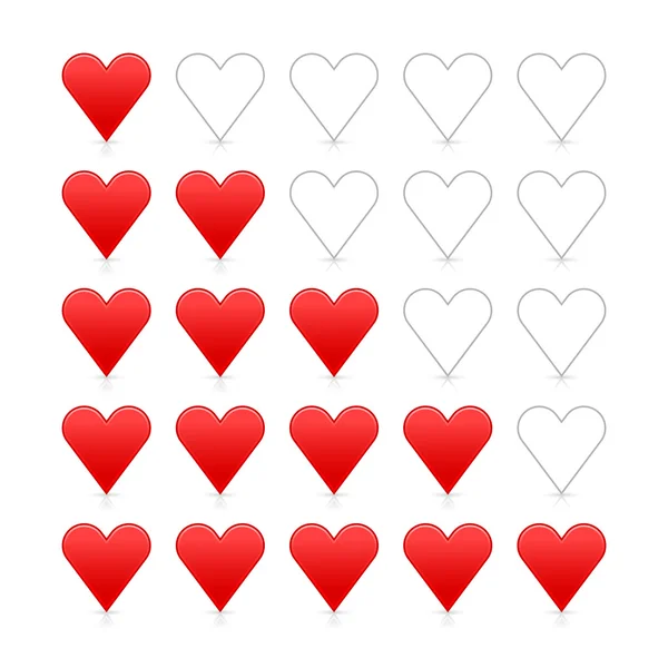 Červená hladká srdce hodnocení web tlačítko. tvary se stínem a reflexe na bílém pozadí — Stockový vektor