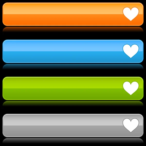 Glänzend farbige runde Knöpfe mit Herz-Symbol und Reflexion auf Schwarz — Stockvektor
