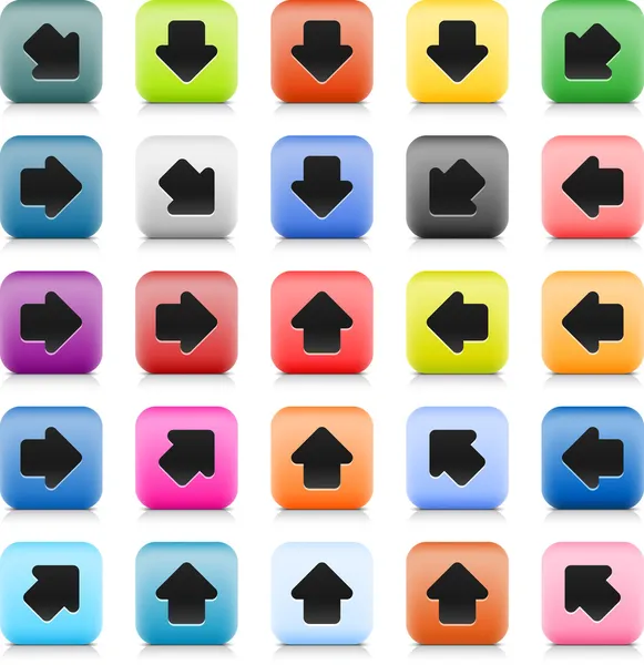 Кам'яна веб-кнопка з символом кольорової стрілки. 25 варіацій округлої квадратної піктограми з тіні і відображенням на білому тлі. Цей вектор створений в техніці дротяної сітки і збережений файл 8 eps — стоковий вектор