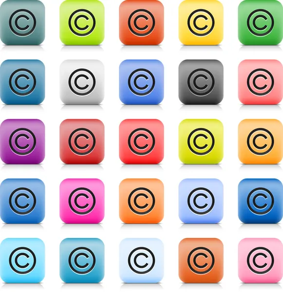 Botón web de piedra con signo de copyright negro. 25 variación redondeada icono cuadrado con sombra y reflexión sobre fondo blanco. Este vector creado en la técnica de malla de alambre y archivo guardado 8 eps — Vector de stock