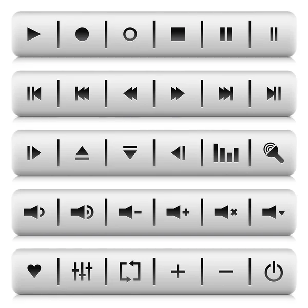 Control de medios web 2.0 botones panel de navegación. Piedra blanca formas rectangulares redondeadas con sombra y reflexión sobre fondo blanco — Archivo Imágenes Vectoriales