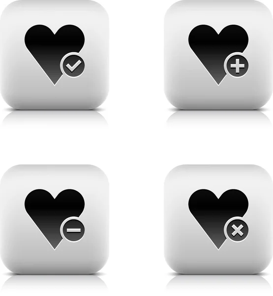 Stone web 2.0 button favorite heart icon and check mark, plus, minus, delete sign. — Stock Vector