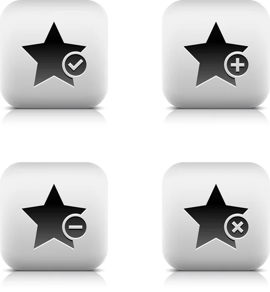 Kamenné web 2.0 ikonu hvězdičky tlačítka a zaškrtávací značka, plus mínus, odstraňte znaménko. satined kulatý hranatý tvar s černým stínem a šedé reflexe na bílém pozadí. 8 eps vektorové ilustrace — Stockový vektor