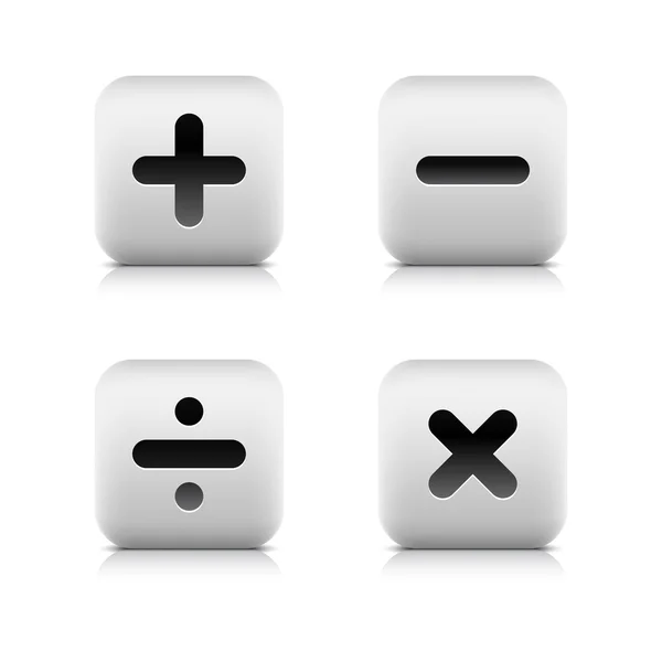 Math symbols on white stone web 2.0 buttons. Smooth rounded square shapes with shadow and reflection on white background. Mesh technique. — Stock Vector