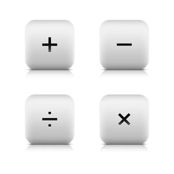 Математические символы на кнопках white stone web 2.0. Плавные округлые квадратные фигуры с тенью и отражением на белом фоне. Метод сетки . — стоковый вектор