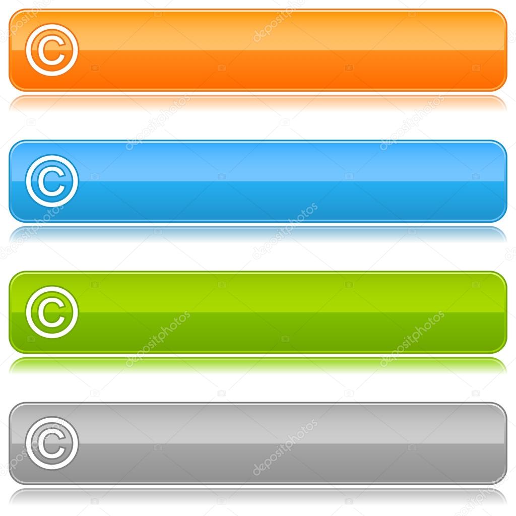 Colored glossy rounded rectangle web bar with copyright sign with color reflection on black background