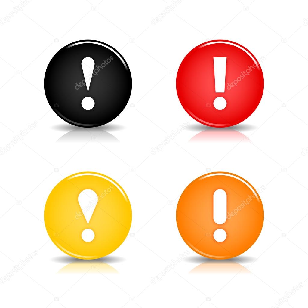 Colored web 2.0 button with attention sign. Round shapes with reflection and shadow on white background. 10 eps
