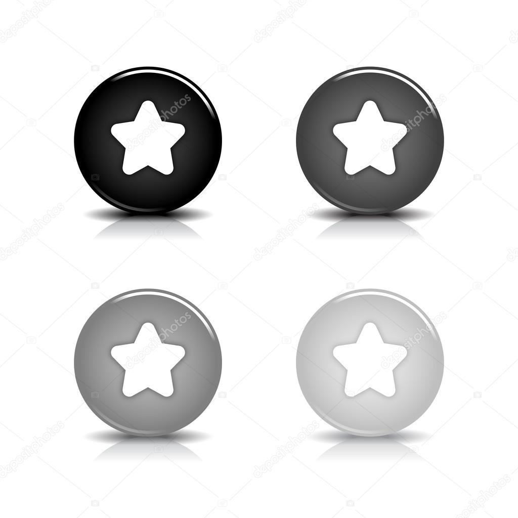 Glossy web 2.0 button with white star symbol. Black and gray round shapes with shadow and reflection on white background