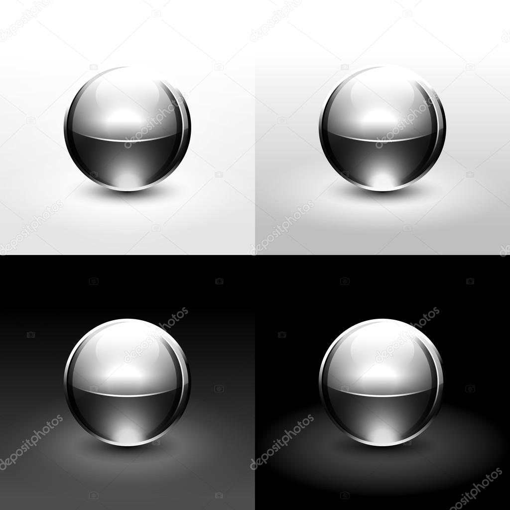 Chrome metal ball with drop black shadow and glowing on white, gray and black background