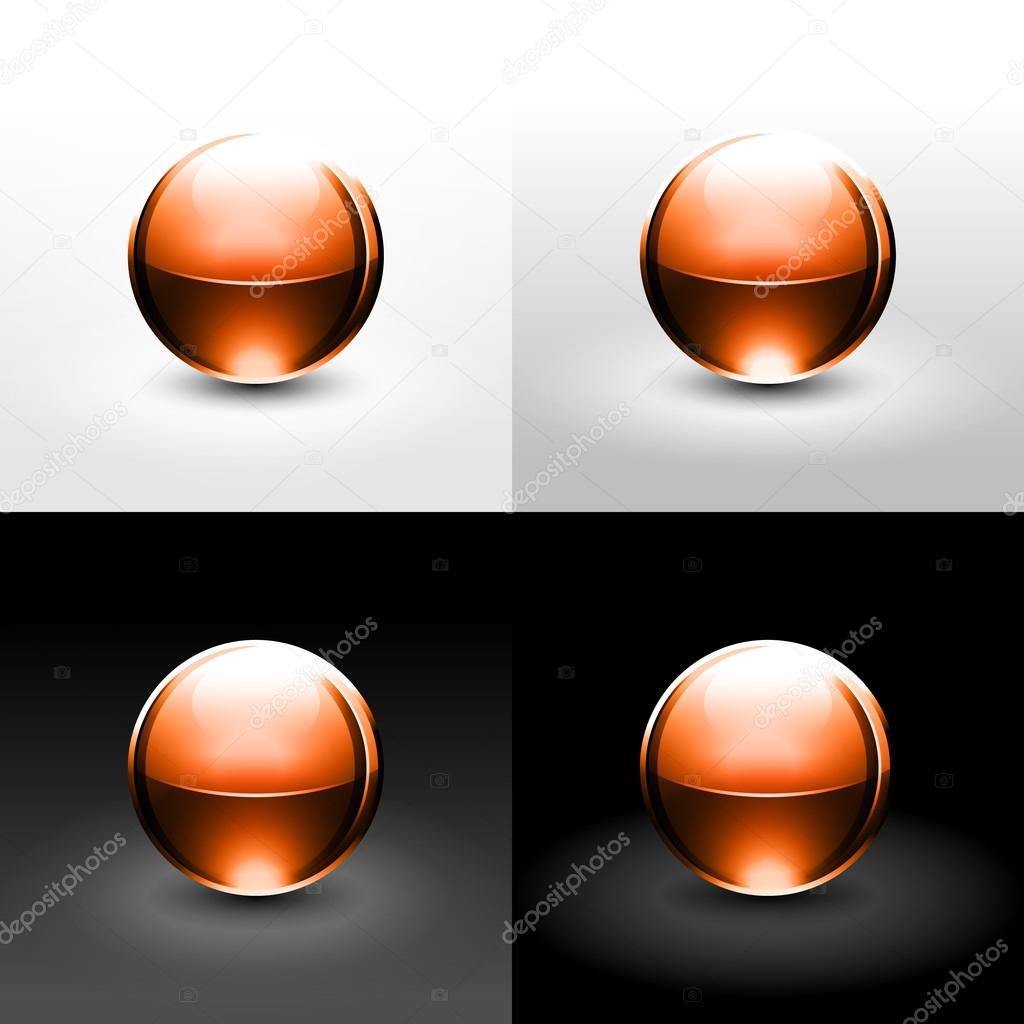 Brown chrome metal ball with black shadow and glowing on white, gray and black background.