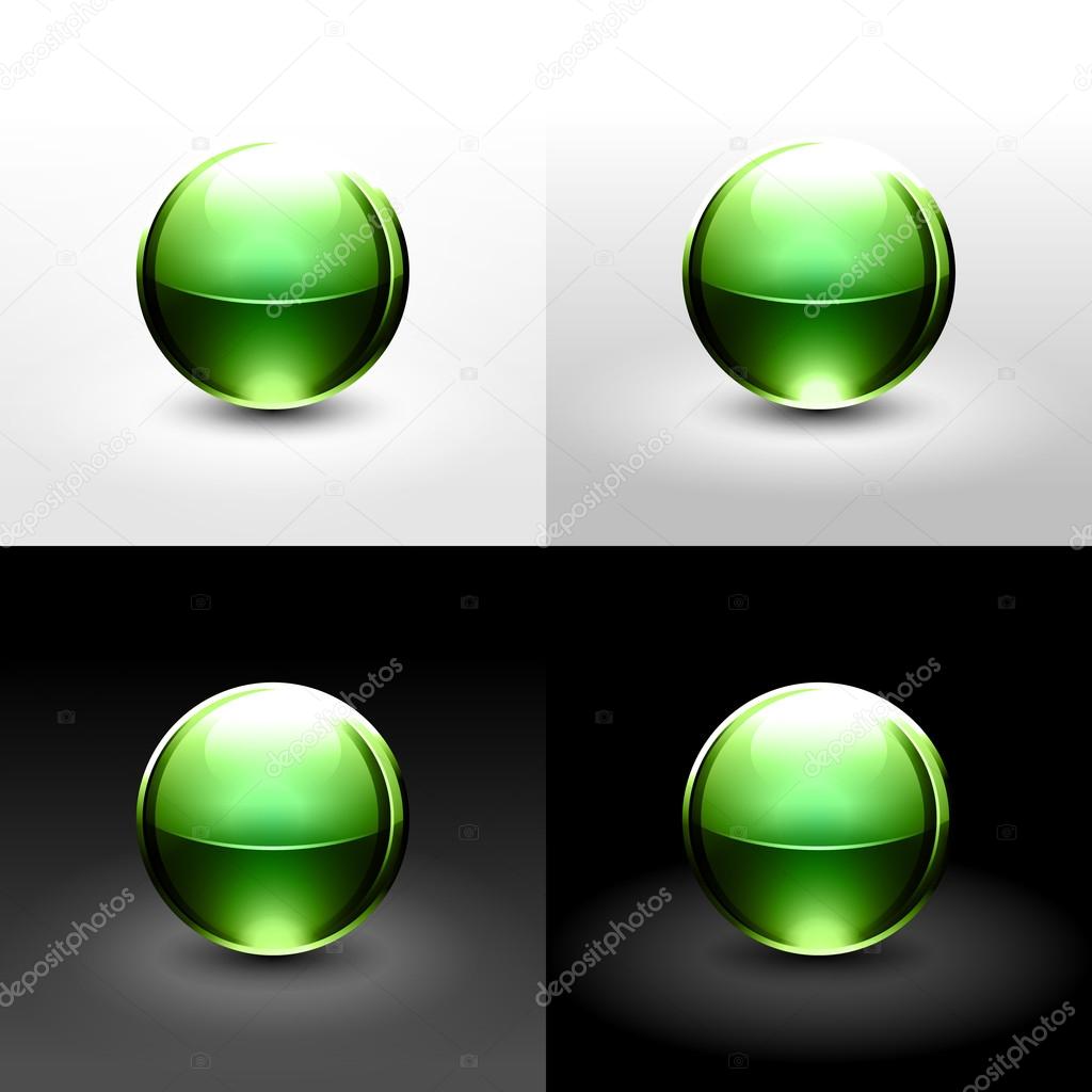 Green chrome metal ball with drop black shadow and glowing on white, gray and black background.