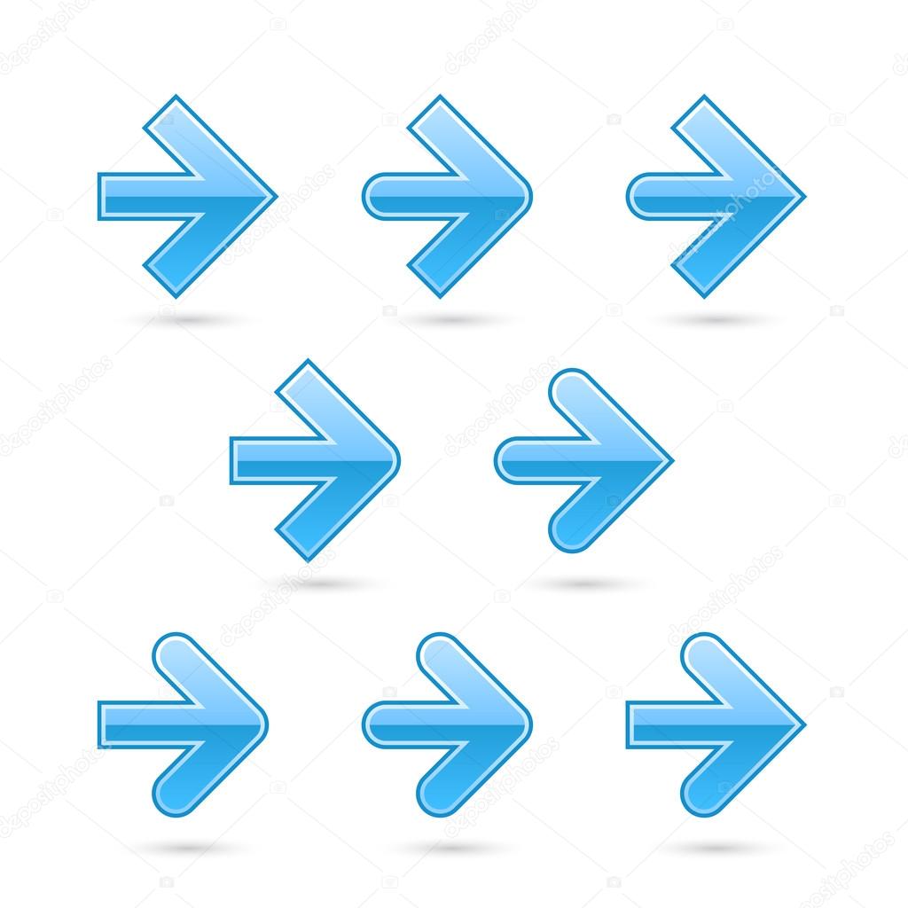 9 variations blue arrow web 2.0 icons. Glossy shapes with shadow on white background