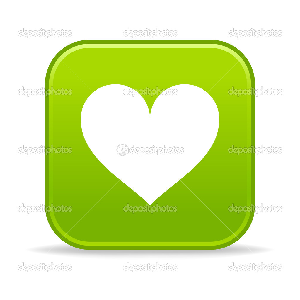 Matted green rounded squares buttons with heart symbol and gray reflection on white