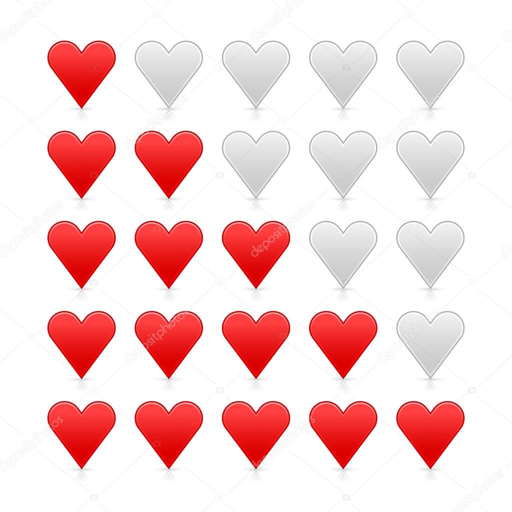 Red smooth heart ratings web button. Shapes with shadow and reflection on white background