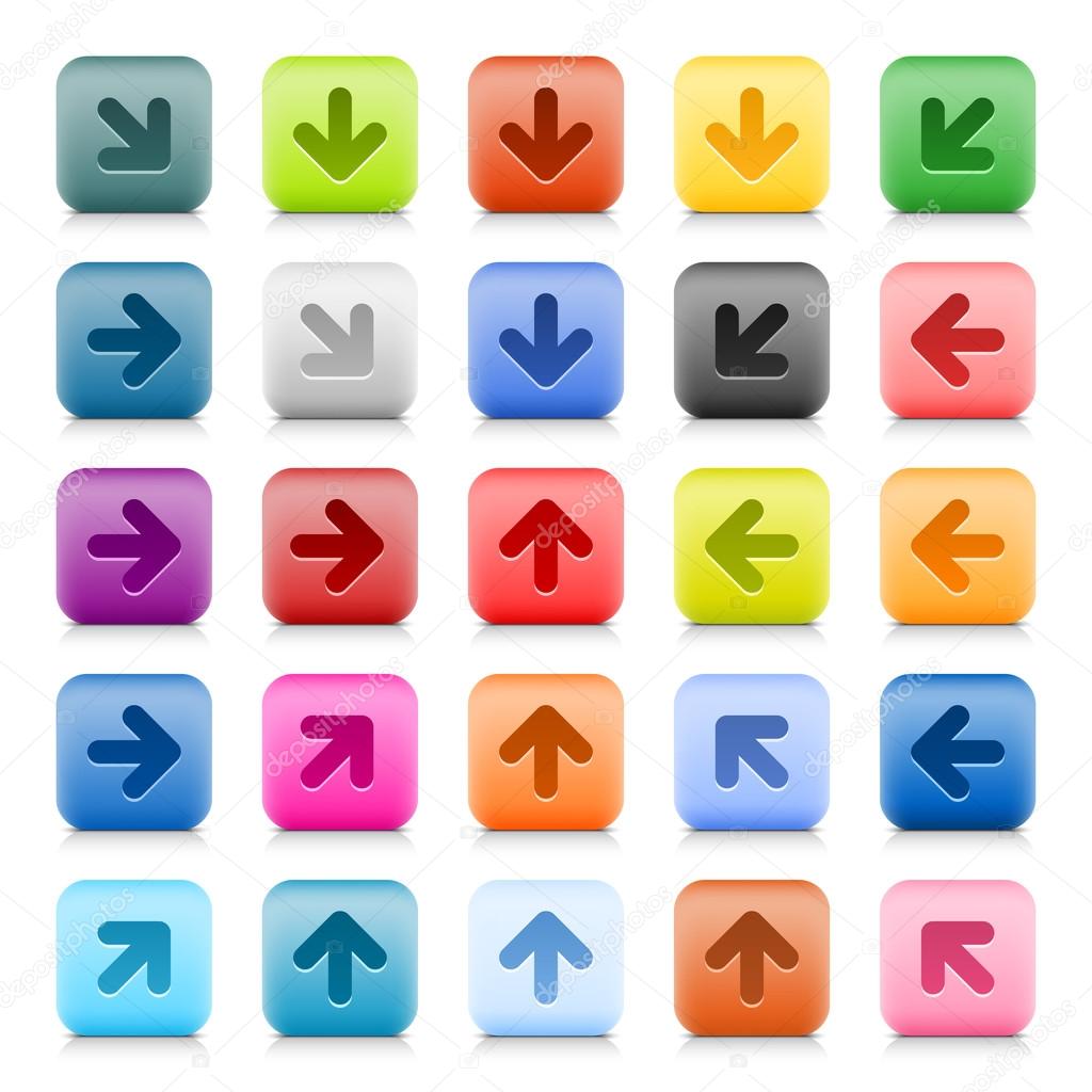 Stone web button with color arrow sign. 25 variation rounded square icon with shadow and reflection on white background. This vector created in technique of wire mesh and saved file 8 eps