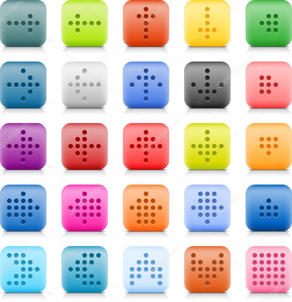 Stone web button with color dotted arrow sign. 25 variation rounded square icon with shadow and reflection on white background. This vector created in technique of wire mesh and saved file 8 eps