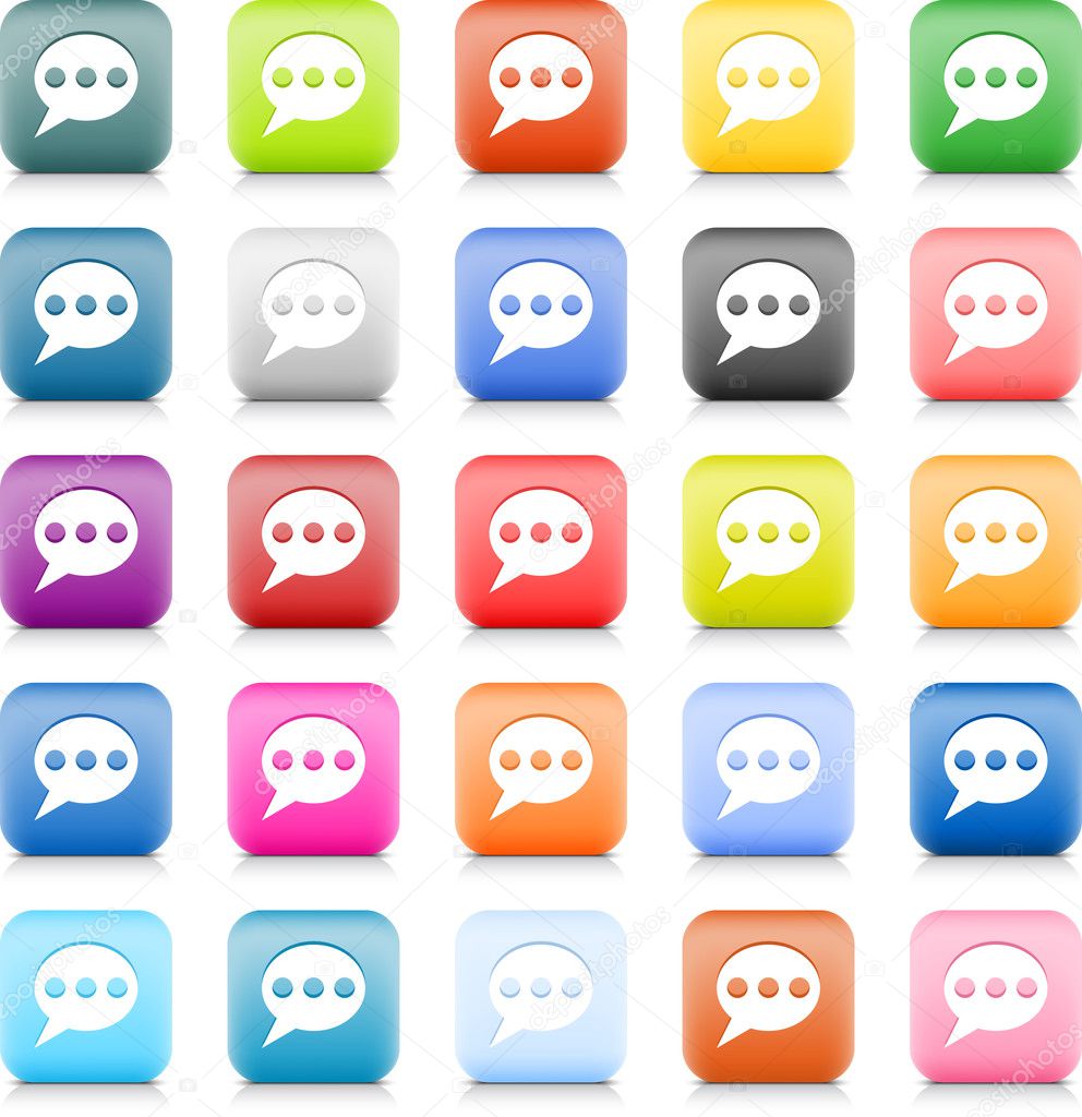 25 smooth satined web 2.0 button with chat room sign. Colored rounded square shapes with gray shadow on white background. This vector illustration saved in 8 eps