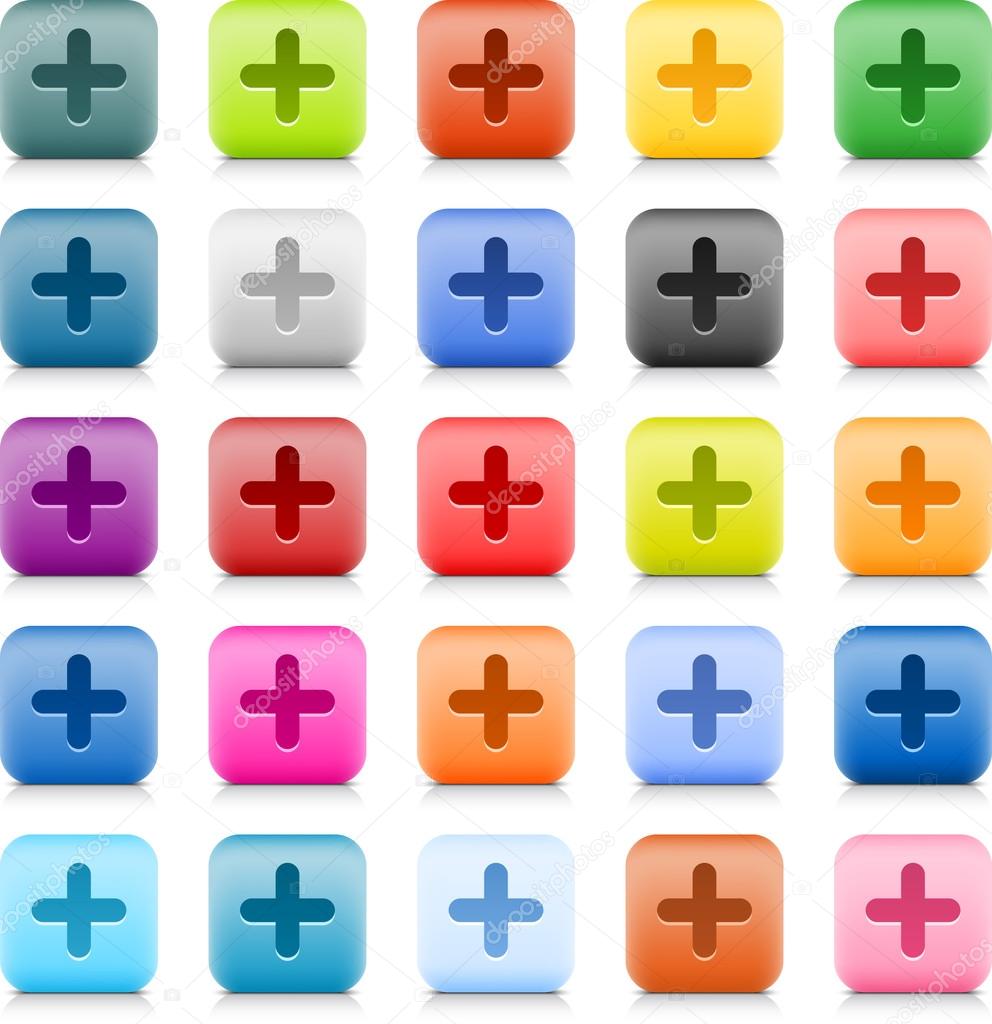 Stone web button with color plus sign. 25 variation rounded square icon with shadow and reflection on white background. This vector created in technique of wire mesh and saved file 8 eps