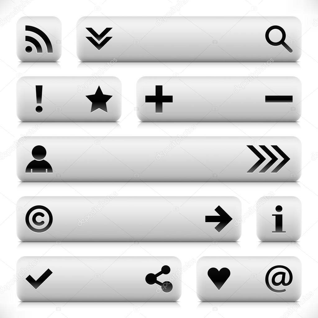 White stone web button with black sign. Variation internet form rounded rectangle shape with black shadow and gray reflection on white background. Vector 8 eps. See more design elements in my gallery