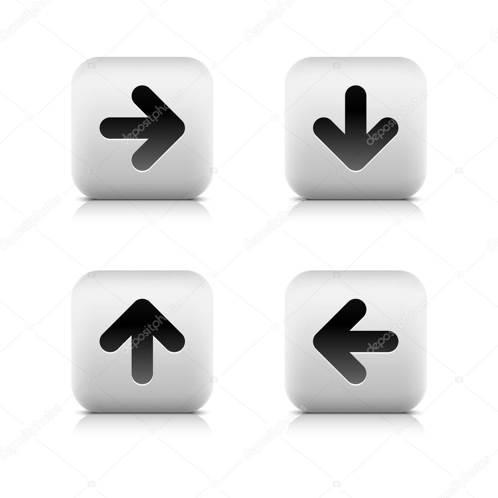 Black arrow icon web sign. Right, down, left, up glyph. Series stone style. Rounded square button with shadow and reflection on white background. Vector illustration clip-art design element in 8 eps