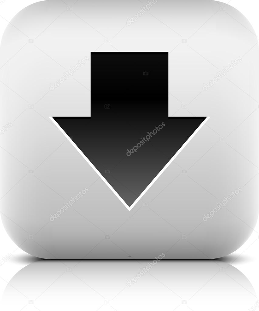 Stone web 2.0 button arrow sign download symbol. White rounded square shape with black shadow and gray reflection on white background. Vector illustration in wire mesh technique and saved in 8 eps