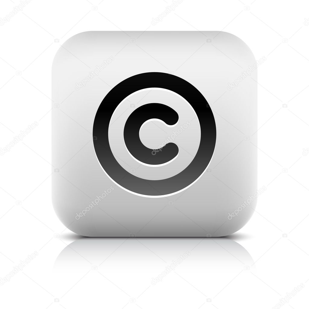 Stone web 2.0 button copyright symbol sign. White rounded square shape with shadow and reflection. White background